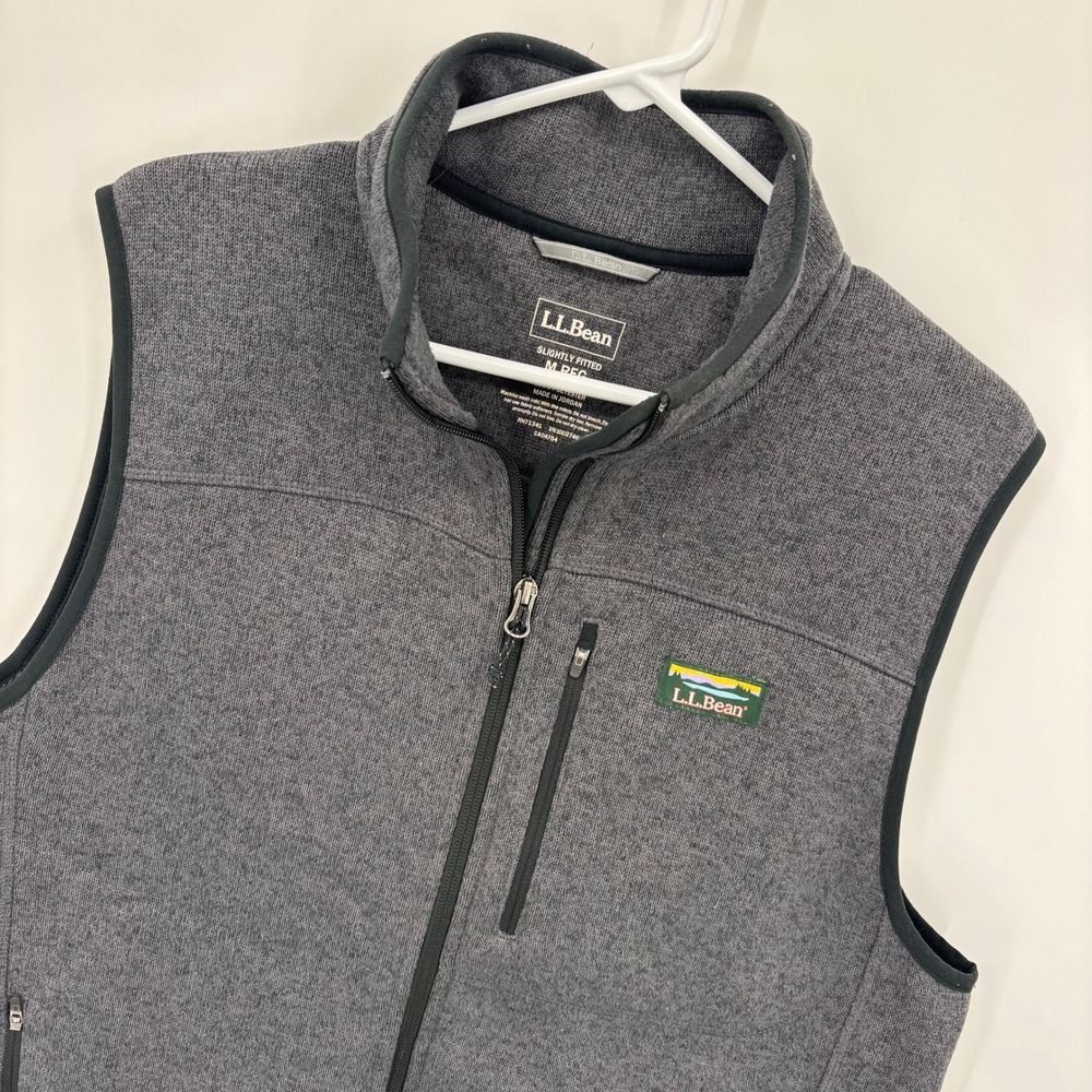LL Bean Sweater Fleece Vest Mens Medium Gray Excellent Full Zip Katahdin Logo